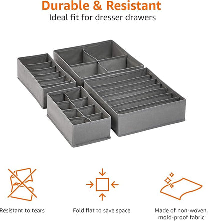 Amazon Basics Dresser Drawer Storage Organizer for Undergarments, Set of 4, Gray | Set of 4