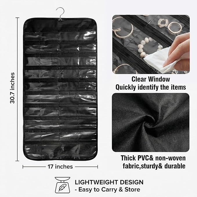 2PCS Hanging Jewelry Organizer with 160 Clear Pockets, 360° Swivel Hook for Double-Sided Jewelry Holder for Earrings, Necklaces, Rings on Closet, Wall, Door, (Black and beige)