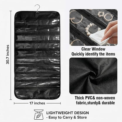 2PCS Hanging Jewelry Organizer with 160 Clear Pockets, 360° Swivel Hook for Double-Sided Jewelry Holder for Earrings, Necklaces, Rings on Closet, Wall, Door, (Black and beige)