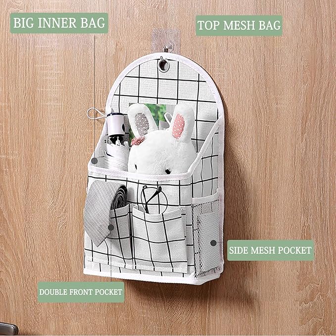 FuninCrea Wall Hanging Storage Bag, Black and White Checkered Linen Organizer Wall Mounted Punch-Free Over The Door Storage Pouch with 6 Storage Pockets and 1 Hanging Hook (Green)
