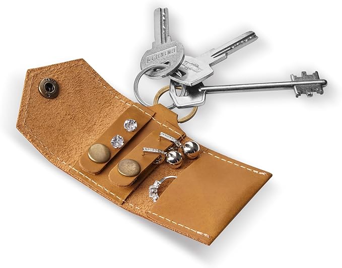 Leather Keychain Ring Holder, Wedding Ring Travel Case, Engagement Ring Holder, Ring Pouch Bag, Workout and Gym Ring Holder (Vintage Brown)