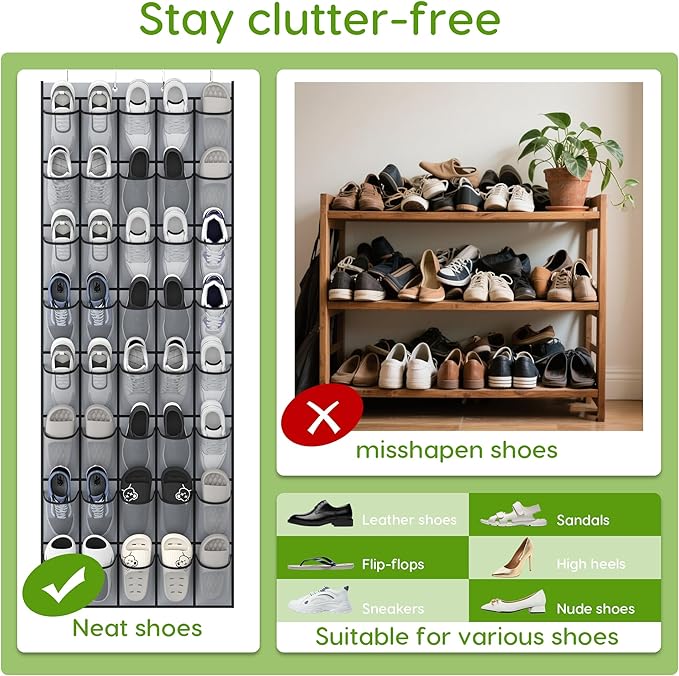 Over the Door Shoe Organizer with 40 Large Breathable Mesh Pockets, Space Saving Shoe Holder, Hanging Shoe Rack for Entryway Bedroom Closet Storage (Grey, 80 Pockets)