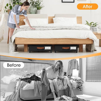 SpaceHacks Under Bed Storage with Wheels 2Pack Storage Containers with Clear Window&Label Under Bed Drawers Rolling Under Bed Storage for Clothes,Shoes, Blankets (30.71 x 16.93 x 6.69 in, Black)