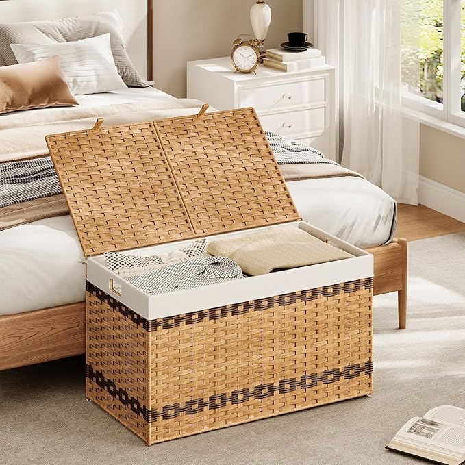 HOOBRO Storage Basket with Lid, 42.3 Gallon (160L) Wicker Storage Basket with 2 Separate Lid, Blanket Storage Bin with 2 Removable Liner Bags, for Bedroom, Laundry, Natural and Brown NL276CW01