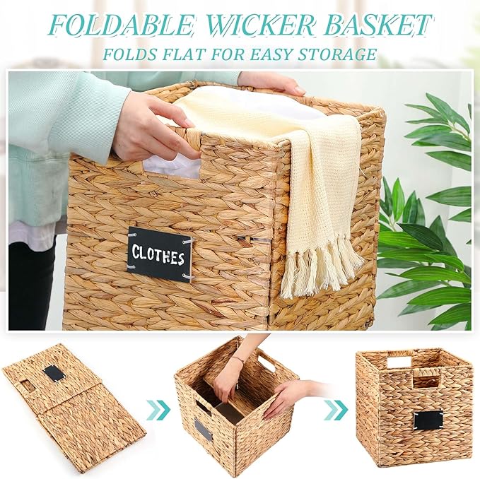 Jinei 12 Pcs Wicker Storage Basket Bulk, 12 x 12 Inch Handwoven Water Hyacinth Folding Cube Bin with Handles Labels for Shelves Pantry Laundry Organization