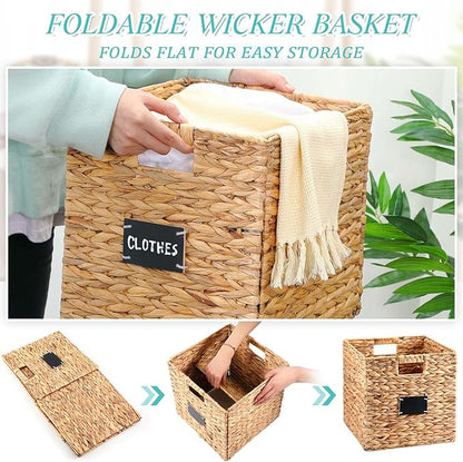 Jinei 12 Pcs Wicker Storage Basket Bulk, 12 x 12 Inch Handwoven Water Hyacinth Folding Cube Bin with Handles Labels for Shelves Pantry Laundry Organization