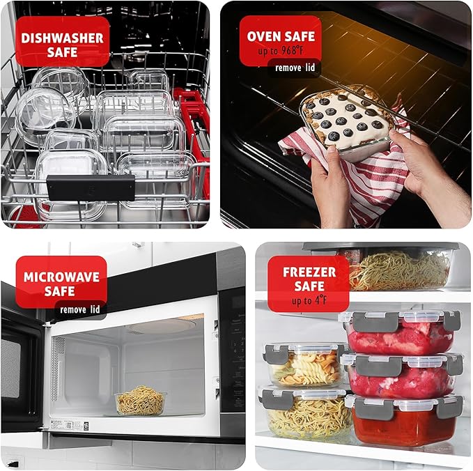 EATEX 48pc Glass Storage Containers with Lids, 24 Glass Food Storage Containers with 24 Airtight Lids for Pantry & Kitchen, Meal Prep Containers for Lunch, Oven Freezer Microwave & Dishwasher Safe