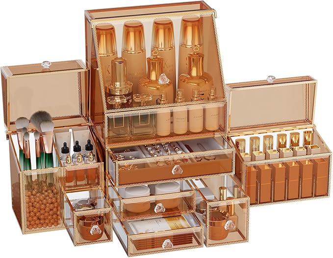 Youdepot Extra Large Makeup Organizer, Glass Cosmetic Storage with Drawers, Stackable Makeup and Jewelry Organizer for Vanity Table, Bathroom Countertop, Skincare, Lipsticks, Perfume, Brushes