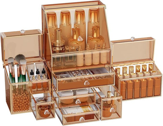Youdepot Extra Large Makeup Organizer, Glass Cosmetic Storage with Drawers, Stackable Makeup and Jewelry Organizer for Vanity Table, Bathroom Countertop, Skincare, Lipsticks, Perfume, Brushes