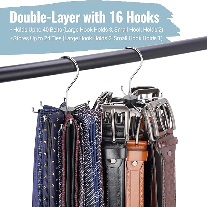 NiHome 2-Pack Double-Layer Rotating Belt Hangers for Closet, 2-Tier Rotatable Belt Organizer, 16 Hooks w/Solid Wood 360° Swivel Belts Tie Organizer, Space-Saving Storage Rack for Scarves Bras Purses