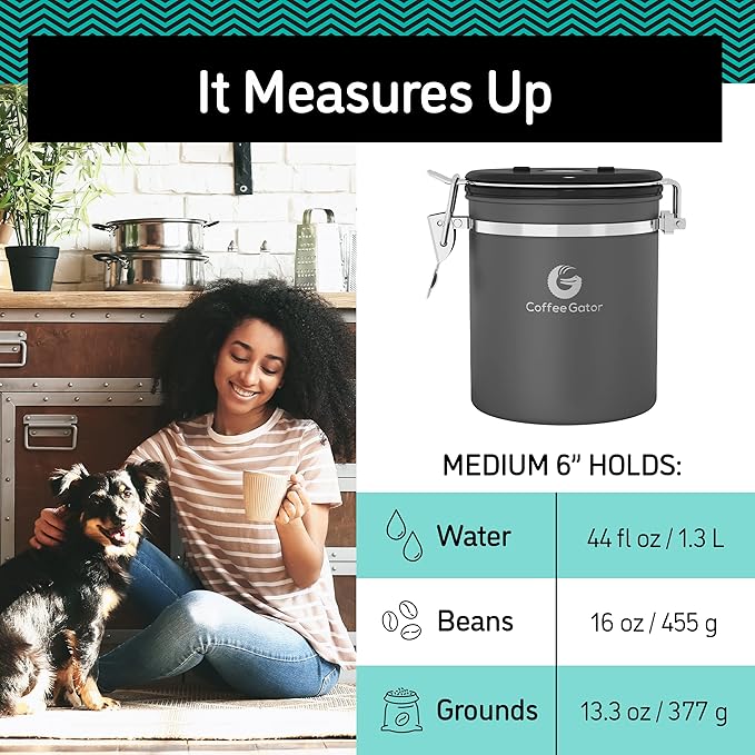 Coffee Gator Coffee Canister, Airtight Stainless Steel Kitchen Food Storage Container with Date Tracker, Scoop for Sugar, Grounds Coffee, Beans,Tea, Sugar, Cereal, Flour, Cookies Jars (Black, 16oz)