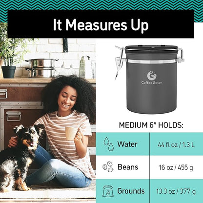 Coffee Gator Coffee Canister, Airtight Stainless Steel Kitchen Food Storage Container with Date Tracker, Scoop for Sugar, Grounds Coffee, Beans,Tea, Sugar, Cereal, Flour, Cookies Jars (Black, 16oz)