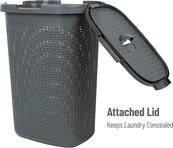 Mind Reader 60L Slim Laundry Hamper, Clothes Basket, Lid, Wicker Style, Plastic, 17.65"L x 13.75"W x 24.15"H, Set of 2, Gray