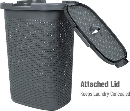 Mind Reader 60L Slim Laundry Hamper, Clothes Basket, Lid, Wicker Style, Plastic, 17.65"L x 13.75"W x 24.15"H, Set of 2, Gray