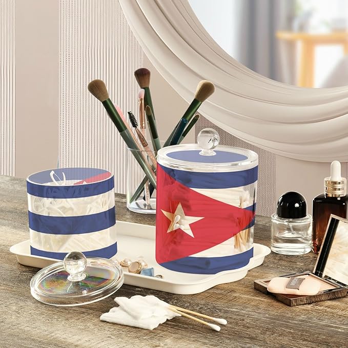 DOMIKING Cuba Flag 2 Pack Bathroom Canisters Cotton Swab Holder Dispenser Plastic Cotton Ball Jar Acrylic Storage Containers for Cotton Swab Cotton Ball Cotton Round Pads