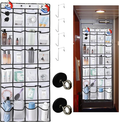 Cruise Approved Magnetic Door Organizer, 24 Mesh Pockets Over the Door Storage with Hooks, Magnetic Shoe Rack Holder for Cruise Ship Cabin, White 55x21 Inch