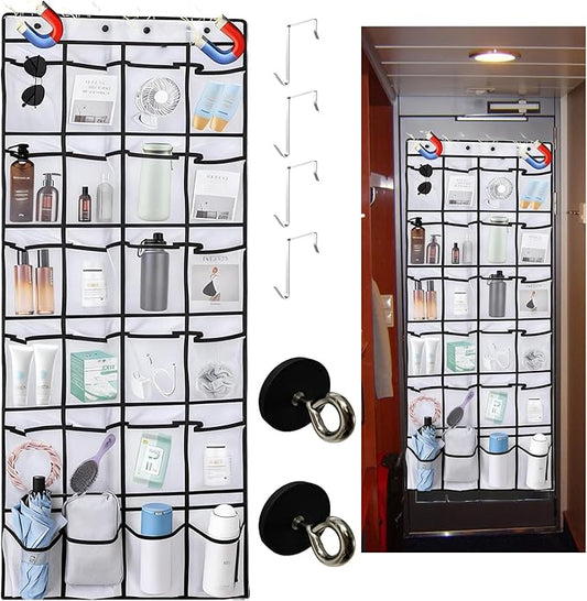 Cruise Approved Magnetic Door Organizer, 24 Mesh Pockets Over the Door Storage with Hooks, Magnetic Shoe Rack Holder for Cruise Ship Cabin, White 55x21 Inch