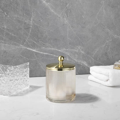 Tan Colored Tranlucent Apothecary Ribbed Geometric Etched Glass Jar W/Gold Metal Lid Cover for Bathroom Organization, Cotton Balls, Q Tips, and Small Accessories, Bathroom Storage