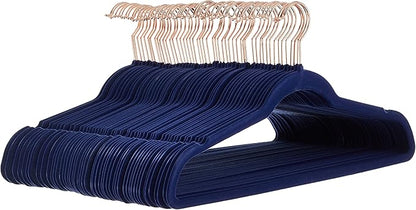 Amazon Basics Slim Velvet Non-Slip Space Saving Suit Clothes Hangers, Sturdy Construction, Navy Blue/Rose Gold, 50-Pack