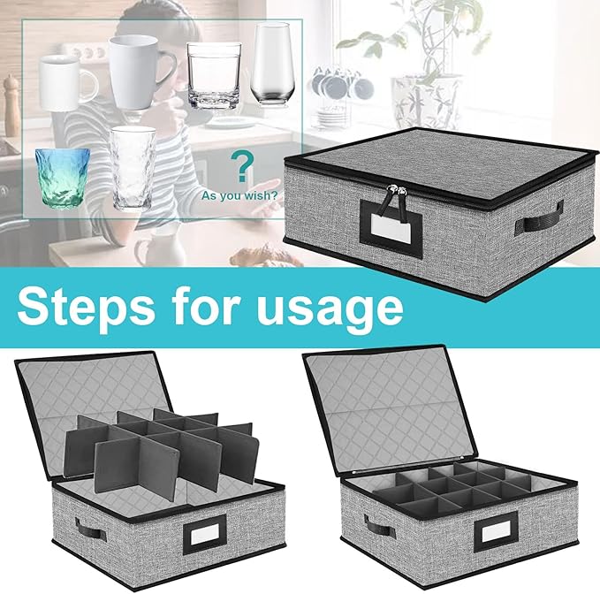 5 PACK China Storage Containers-Quilted Mug Storage and Moving Boxes for Dishes,Dish Packing Supplies for Moving,Dinnerware &Accessories,Holds a total of 48 plates (4 sizes) and 12 cups(Grey)