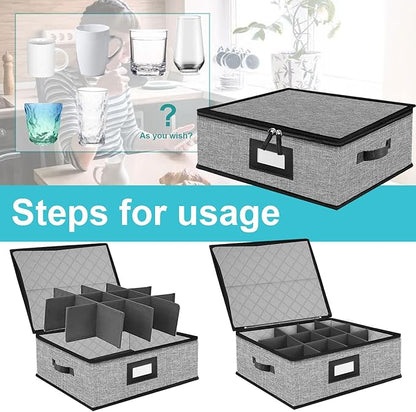 5 PACK China Storage Containers-Quilted Mug Storage and Moving Boxes for Dishes,Dish Packing Supplies for Moving,Dinnerware &Accessories,Holds a total of 48 plates (4 sizes) and 12 cups(Grey)