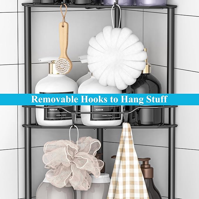 HuggieGems 3 Tier Floor Standing Corner Shower Caddy Organizer Shelf with Hooks, Bathroom Shelves Stand Rack, Matt Black