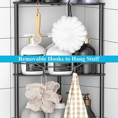 HuggieGems 4 Tier Floor Standing Corner Shower Caddy Organizer Shelf with Hooks, Bathroom Shelves Stand Rack, Matt Black