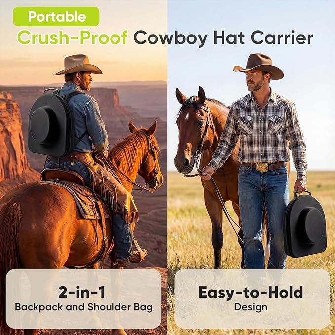 Cowboy Hat Travel Case, Hard-Shell Crushproof Box w/Adjustable Strap, Large Carrier Fits 1–3 Cowboy/Fedora/Panama Hats, Magnetic Closure, Pocket, Black