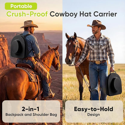 Cowboy Hat Travel Case, Hard-Shell Crushproof Box w/Adjustable Strap, Large Carrier Fits 1–3 Cowboy/Fedora/Panama Hats, Magnetic Closure, Pocket, Black