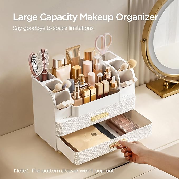 HBlife Makeup Organizer for Vanity with Brush Holder, Large Bathroom Countertop Cosmetic Organizer Skin Care Storage, Easy to Store Nail Polishes, Perfumes, Eyeshadow Palettes, Pearl All White