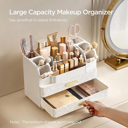 HBlife Makeup Organizer for Vanity with Brush Holder, Large Bathroom Countertop Cosmetic Organizer Skin Care Storage, Easy to Store Nail Polishes, Perfumes, Eyeshadow Palettes, Pearl All White