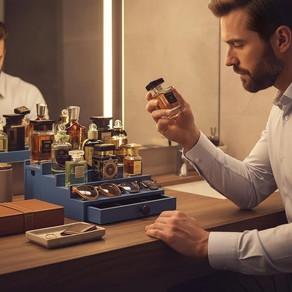 Wooden Cologne Organizer for Men 4 Tier | Capri Ocean Blue Limited Perfume Holder Shelf for Dresser | High Grade Velvet Lining and Stylish Gift Box | Uncluttered Design Perfume Display Stand
