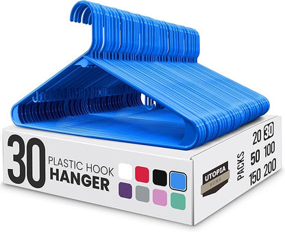Utopia Home Plastic Hangers 30 Pack - Clothes Hanger with Hooks - Durable & Space Saving (Blue)