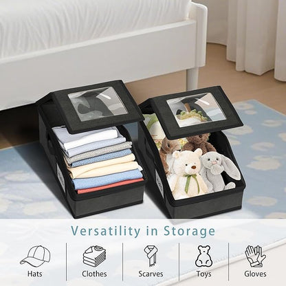Stackable Hat Storage for Baseball Caps, 2 PCS Hat Storage Boxes for Closet, Holds up to 30 Caps with Cardboard, Hat Organizer for Women & Men(Two Clear Window) (Black)