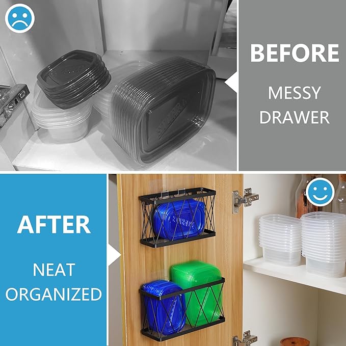YIGII 3 Pack Adhesive Cabinet Organizer - Wall Mounted Pantry Door Organizer Bin Holder for Tupperware Lid Kitchen Wall Under Sink Basket Slim Space Black Stainless Steel