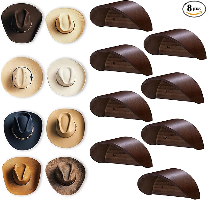Cowboy Hat Holder Rack for Wall, 8 Pack Hat Hooks with Non-Damage Brim Design, Rustic Wood Hats Hanger on Wall to Keep Original Shape of Hats, for Home, Closet, Entryway, Cabin, Western Room Decor