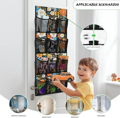 Hippie Flowers Space Saving Hanging Shoe Organizer,Entryway Bedroom Bathroom Storage Bags with 12 Mesh Large Pockets,Unique Print