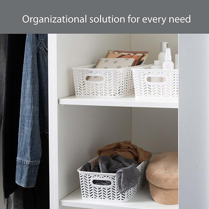 Simplify Small Herringbone Bin Storage Tote Basket Organizer Decorative, Good for Closets, Countertops, Desks, Dressers, Accessories, Cleaning Products, Sports Equipment, Toys, White
