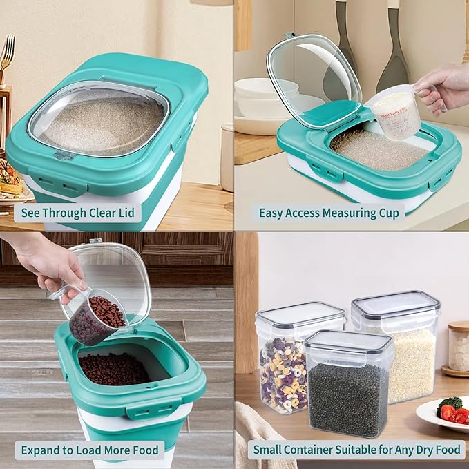 Komzon Rice Storage Container, Collapsible Airtight Food Storage Containers 6-20 Lbs, Rice Dispenser with Measuring Cup and Small Bin for Flour Cereal Pasta Grain, Cat Pet Dog Bird Food Container