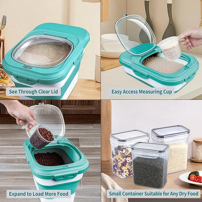 Komzon Rice Storage Container, Collapsible Airtight Food Storage Containers 6-20 Lbs, Rice Dispenser with Measuring Cup and Small Bin for Flour Cereal Pasta Grain, Cat Pet Dog Bird Food Container