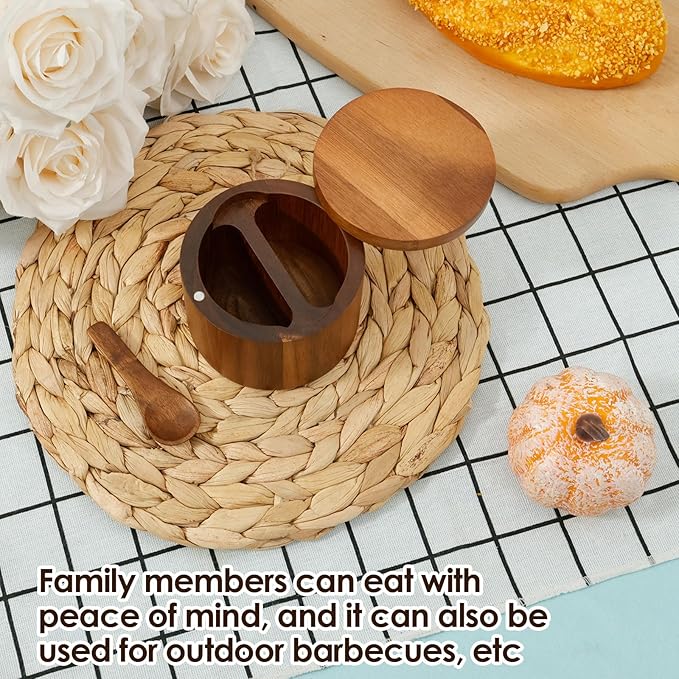 Acacia Wood Salt Cellar, Salt Container with Built in Spoon and Magnetic Swivel Lid, Salt Shakers for Kitchen, Small Wooden Box for Keeping Gourmet Salts, Herbs or Favorite Seasonings (Style 2)