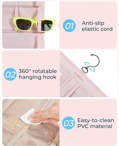 BAGSMART Hanging Jewelry Organizer, Dust Proof Sunglasses Storage Case Wall Mounted, Travel Dual Sided Glasses Case Multiple Pairs, Eyeglasses Holder with 32 Clear Slots & Metal Hook, Pink
