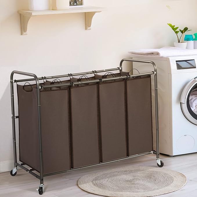 STO STO Laundry Sorter 4 Section, 4 Bag Clothes Hamper, Rolling Laundry Cart Basket with Heavy Duty Lockable Wheels and Removable Bag for Laundry Room, Bedroom, Closet, Brown