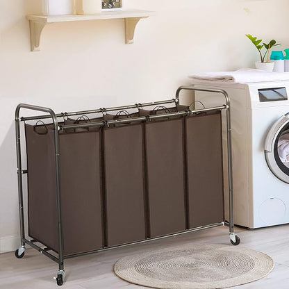 STO STO Laundry Sorter 4 Section, 4 Bag Clothes Hamper, Rolling Laundry Cart Basket with Heavy Duty Lockable Wheels and Removable Bag for Laundry Room, Bedroom, Closet, Brown