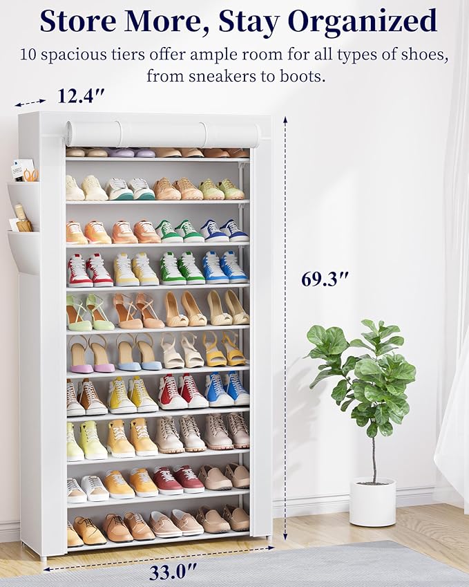 Kitsure Shoe Rack - 10-Tier Shoe Organizer with Zippered Dust Cover & Side Pockets, Easy to Assemble, Space Saving Shoe Rack for Closet, Entryway, Living Room, 33" x 12.4" x 69.3", White