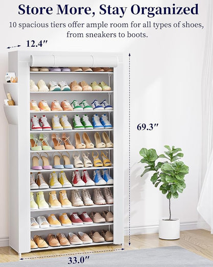 Kitsure Shoe Rack - 10-Tier Shoe Organizer with Zippered Dust Cover & Side Pockets, Easy to Assemble, Space Saving Shoe Rack for Closet, Entryway, Living Room, 33" x 12.4" x 69.3", White