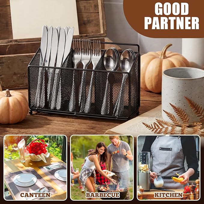 Metal Utensil Caddy Silverware Caddy, Black Silverware Holder for Countertop Flatware Utensil Cutlery Organizer Container for Spoon Fork Knives Kitchen Outdoor Party Camping Picnic Storage