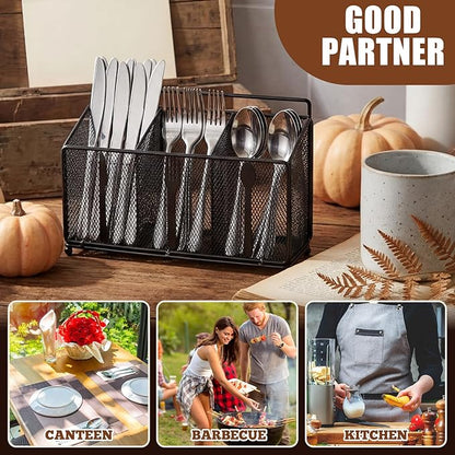 Metal Utensil Caddy Silverware Caddy, Black Silverware Holder for Countertop Flatware Utensil Cutlery Organizer Container for Spoon Fork Knives Kitchen Outdoor Party Camping Picnic Storage