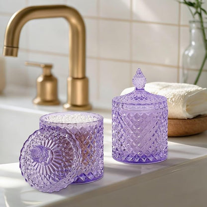 rejomiik 2 Pack Qtip Holder Thick Glass Apothecary Jars with Lid for Bathroom Decor Storage Organizer for Cotton Swabs, Balls, Pads, Floss Picks, Candy, Jewelry, Purple
