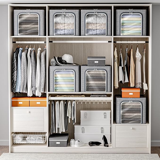8 Pack Clothes Storage Bins with Metal Frame Foldable Clothing Storage Bins with Lids 49L Stackable Storage Box for Closet Fabric Organizer with Clear Window for Sweaters T-Shirts Bedding,Light Grey